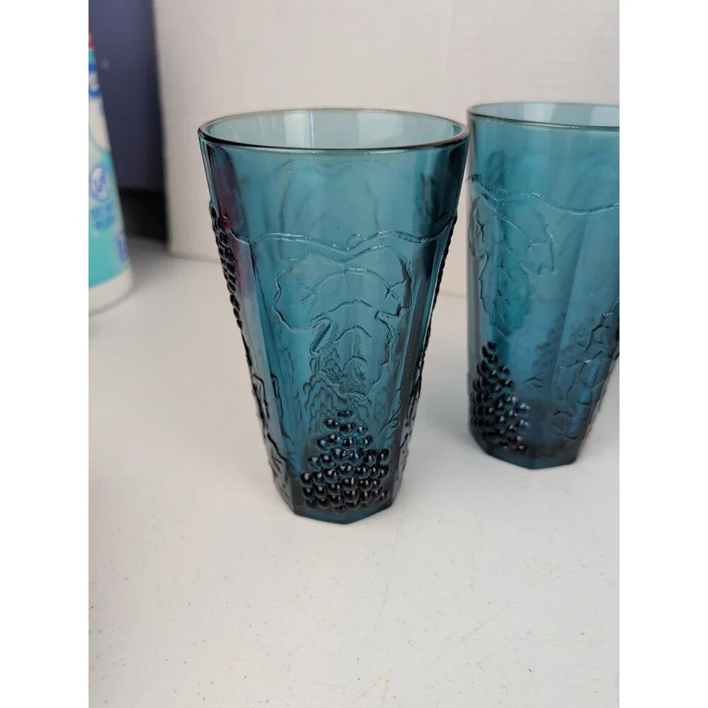 Blue Carnival Glass Harvest Grape Iridescent Pitcher & Tumblers Set 4 Piece Vtg